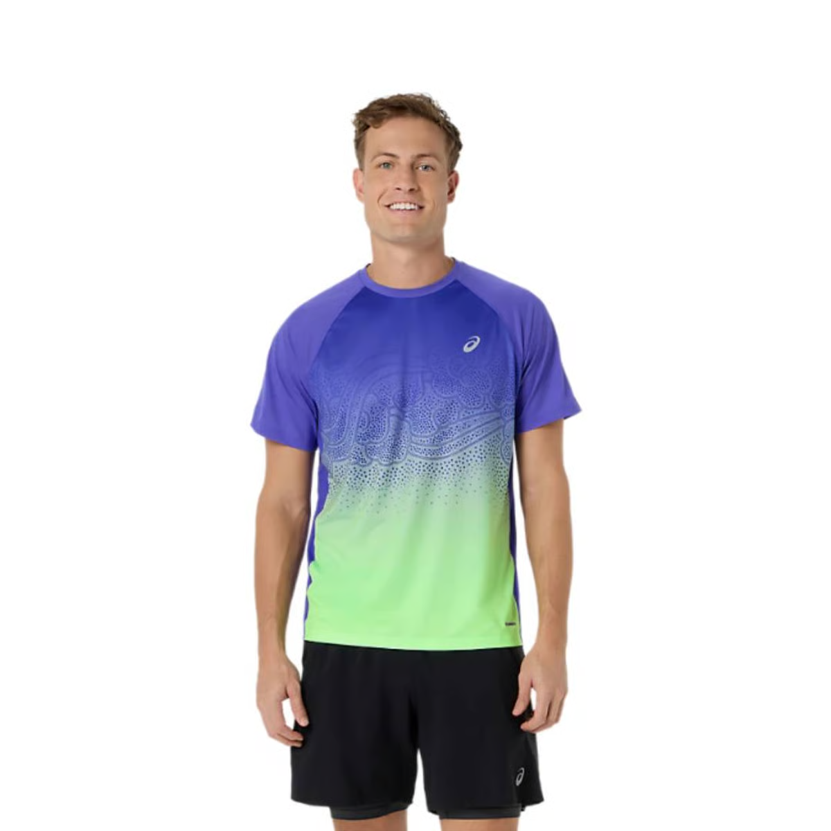 ASICS ROAD FADE SS TOP COBALT BURST ILLUMINATE GREEN HOMBRE